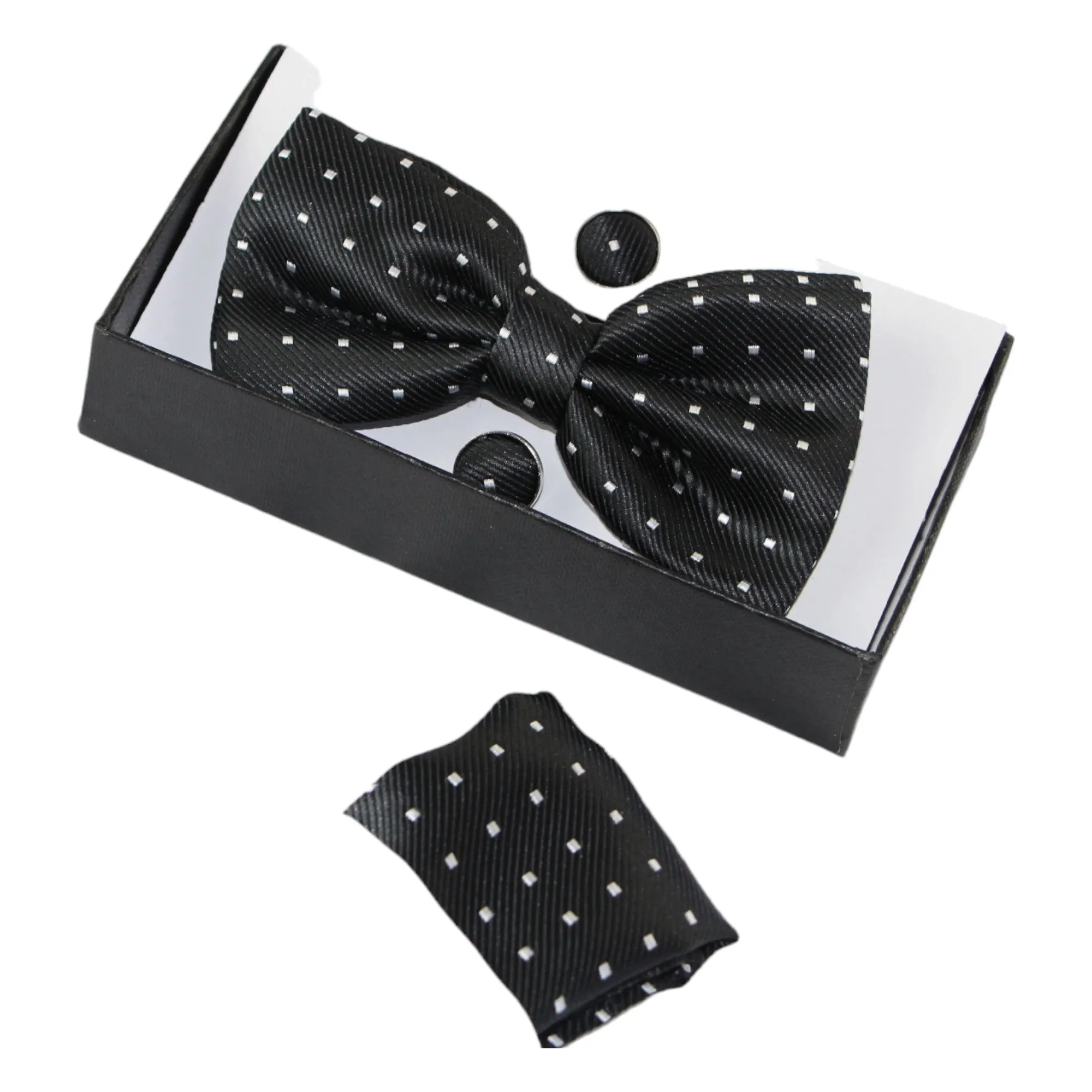 Mens Black Gridded Squares Matching Bow Tie, Pocket Square & Cuff Links Set