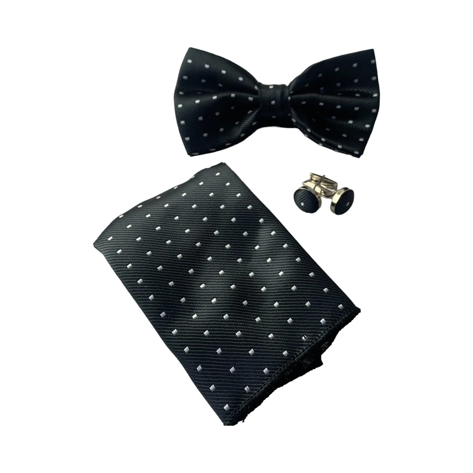 Mens Black Gridded Squares Matching Bow Tie, Pocket Square & Cuff Links Set