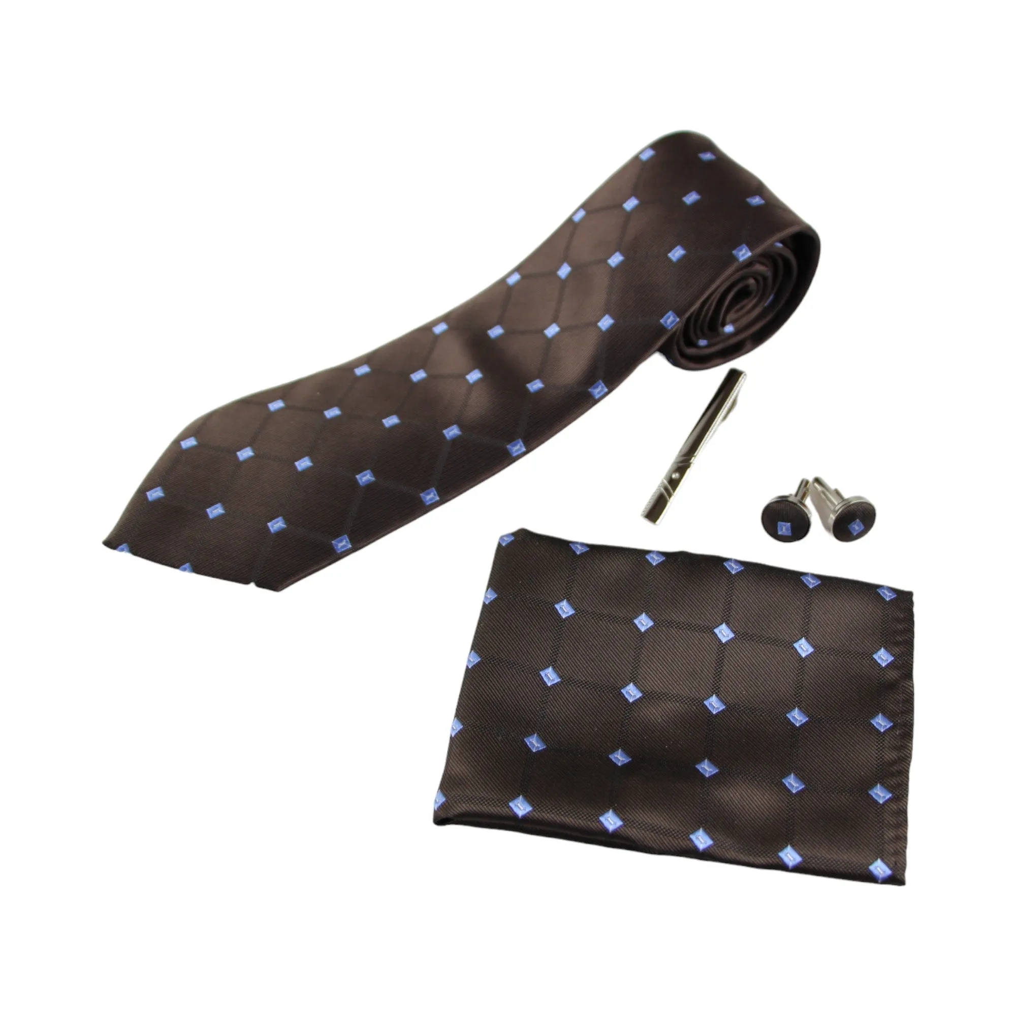 Mens Brown Diamond Matching Neck Tie, Pocket Square, Cuff Links And Tie Clip Set