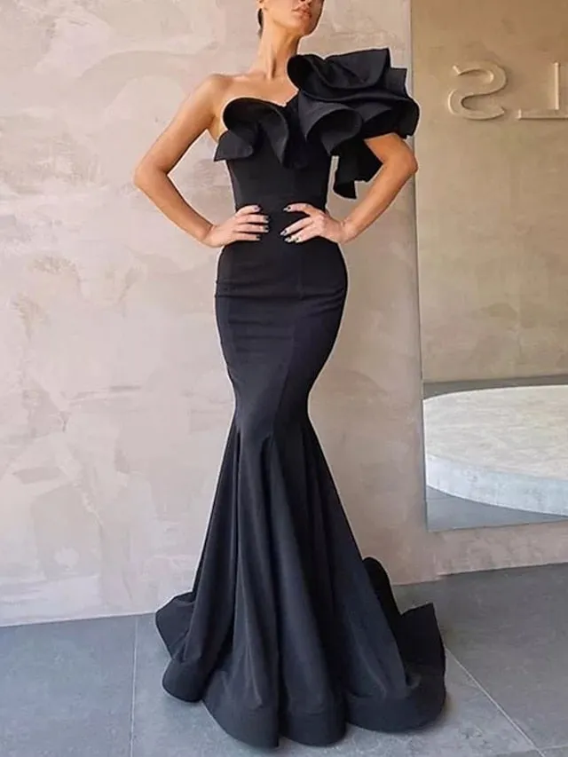 Mermaid / Trumpet Party Dresses Sexy Dress Party Wear Sweep / Brush Train Sleeveless One Shoulder Charmeuse with Ruffles 2023