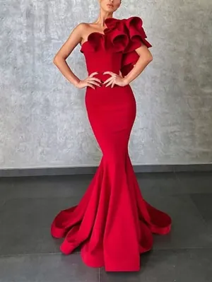 Mermaid / Trumpet Party Dresses Sexy Dress Party Wear Sweep / Brush Train Sleeveless One Shoulder Charmeuse with Ruffles 2023