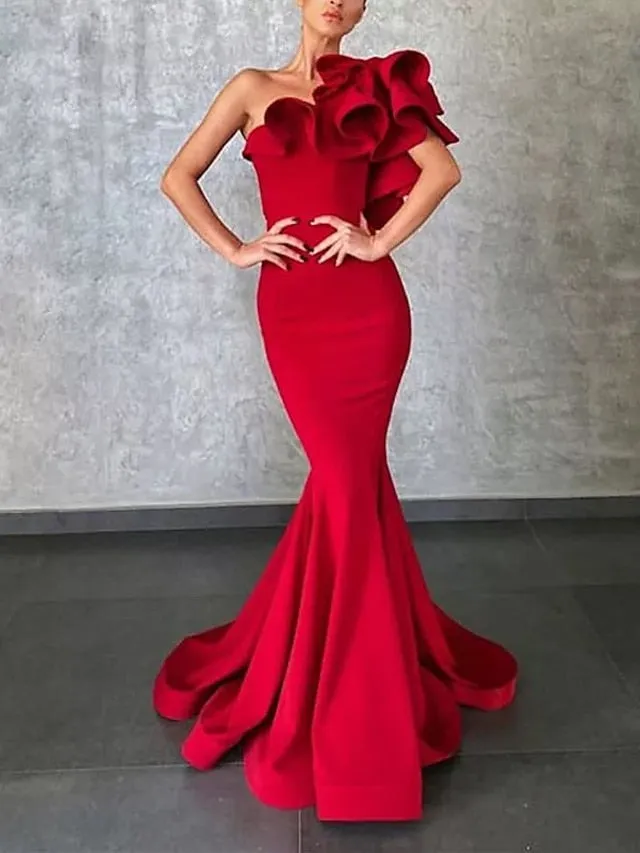 Mermaid / Trumpet Party Dresses Sexy Dress Party Wear Sweep / Brush Train Sleeveless One Shoulder Charmeuse with Ruffles 2023