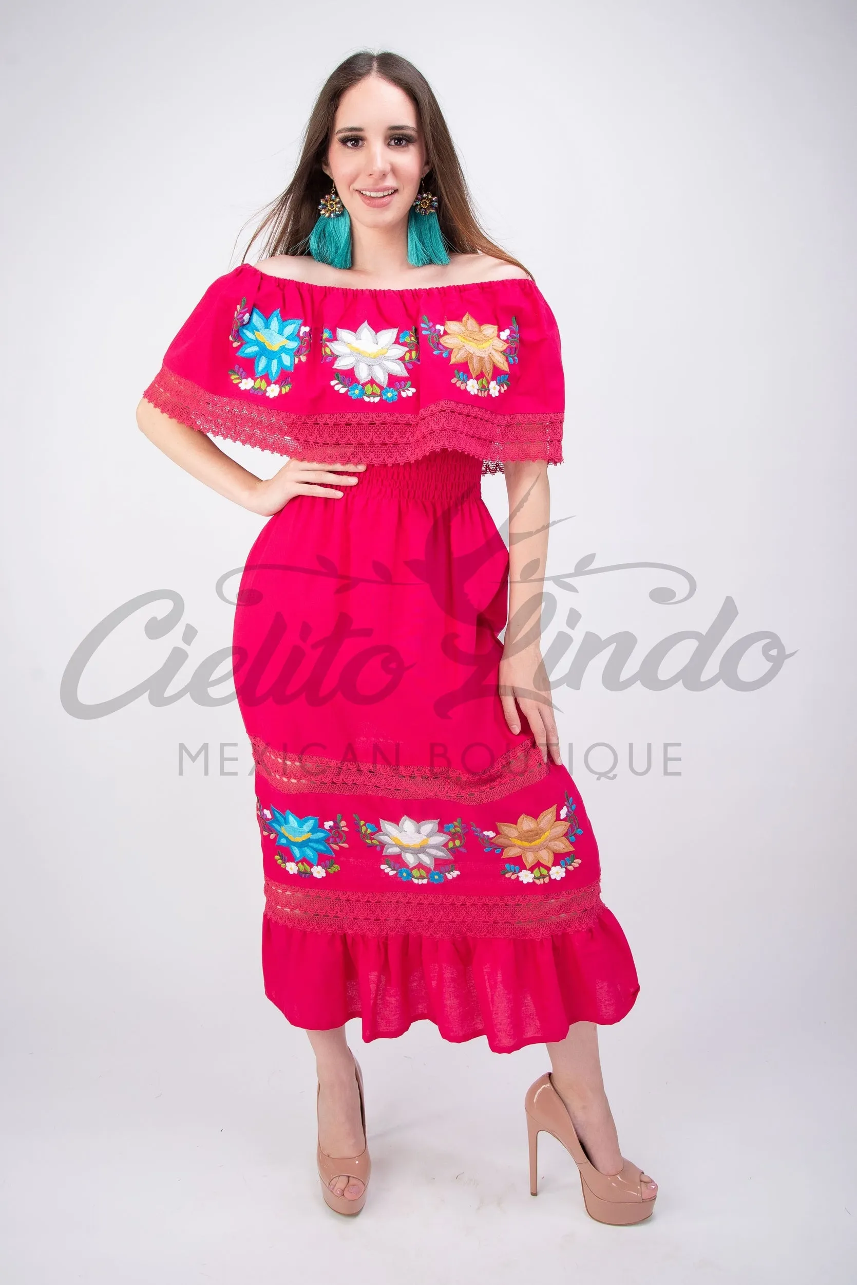 Mexican Luxury Fino Campesino Maxi Dress Hot Pink