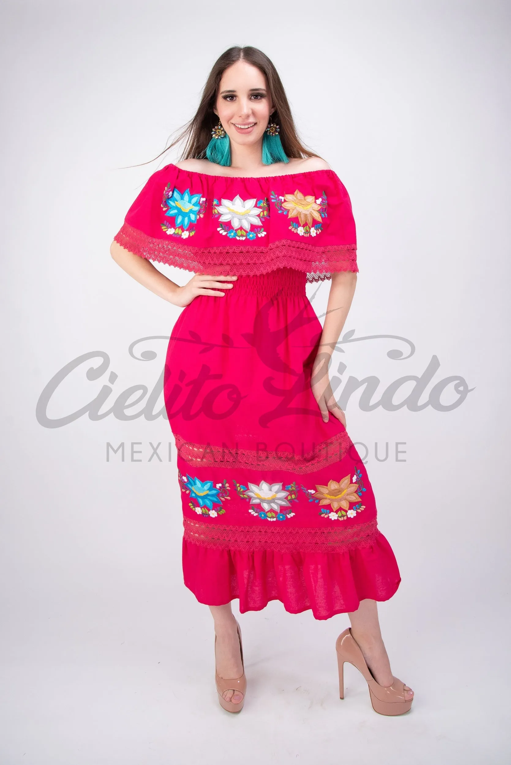 Mexican Luxury Fino Campesino Maxi Dress Hot Pink