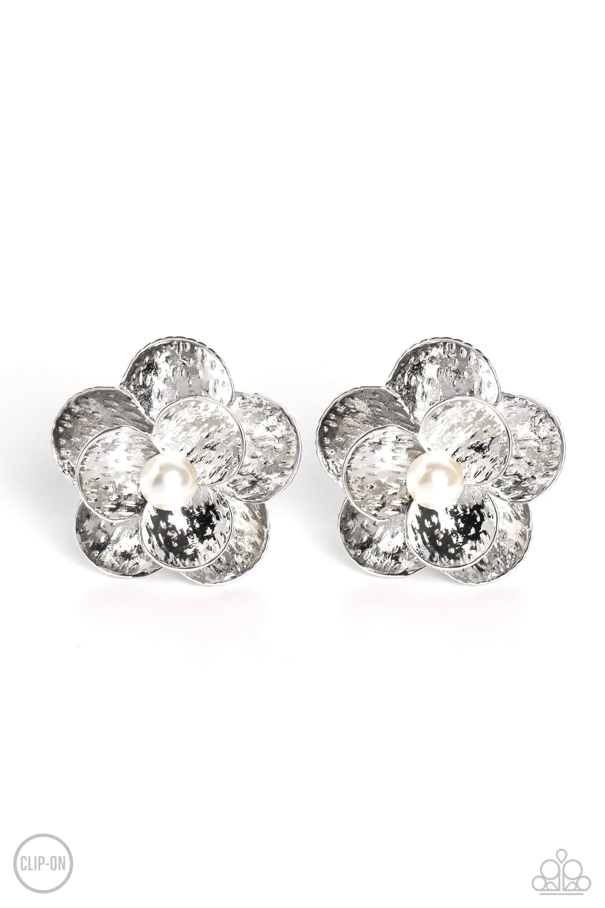 Miami Magic - White Silver Flower Clip-ons Earrings - Paparazzi Accessories