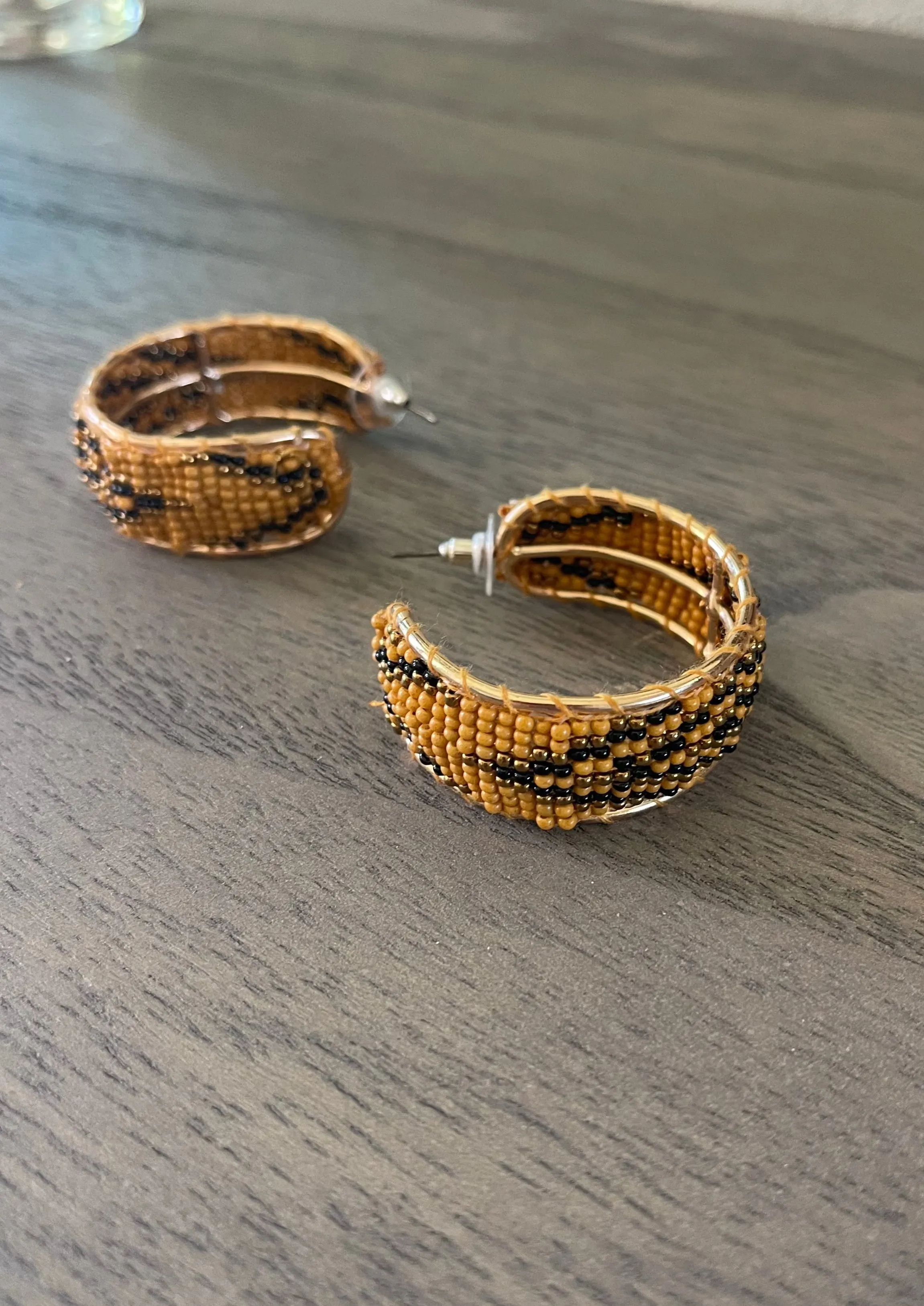 Mustard and Black Beaded Hoop Earrings