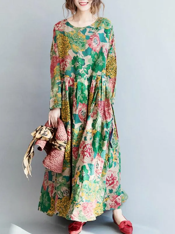 National Style Flower Printed Long Dress