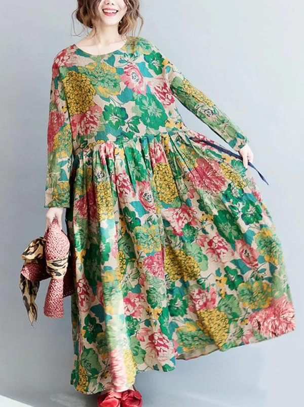 National Style Flower Printed Long Dress