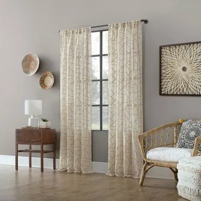 New - 1pc 50"x95" Light Filtering Jigsaw Embroidery Linen Blend Window Curtain Panel Gold/Linen - Archaeo