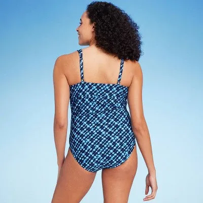 New - Lands' End Women's UPF 50 Full Coverage Tummy Control V-Neck One Piece Swimsuit - Blue S