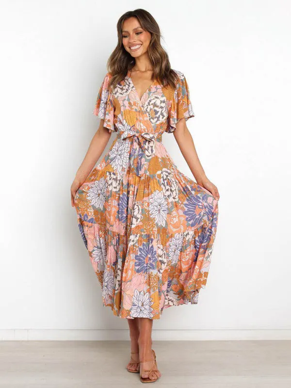 New Short Sleeve Printed Dress V Neck Holiday Elegant Romantic Dress