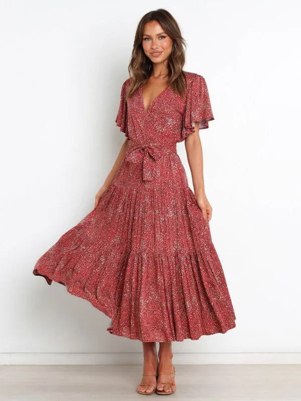 New Short Sleeve Printed Dress V Neck Holiday Elegant Romantic Dress