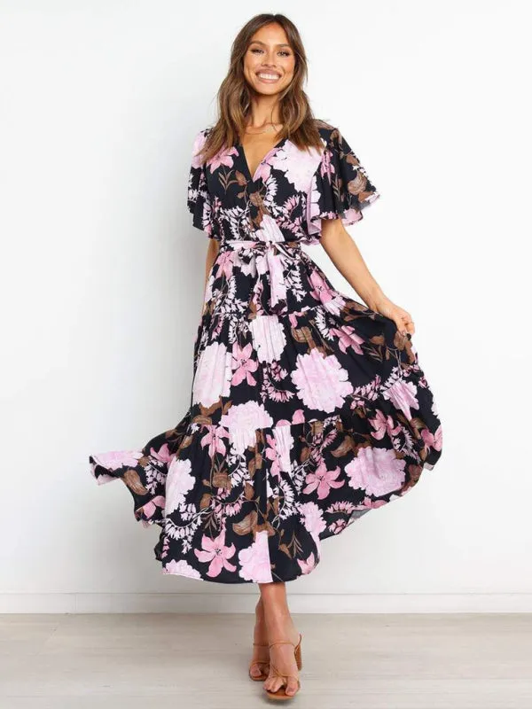 New Short Sleeve Printed Dress V Neck Holiday Elegant Romantic Dress