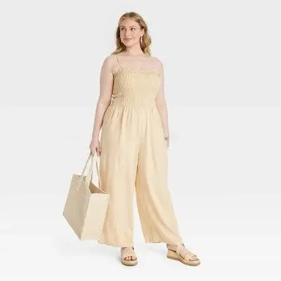 New - Universal Thread Women's Smocked Linen Maxi Jumpsuit Soft Fleece Straight Leg