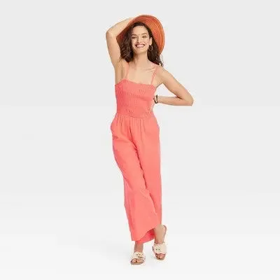 New - Universal Thread Women's Smocked Linen Maxi Jumpsuit Soft Fleece Straight Leg