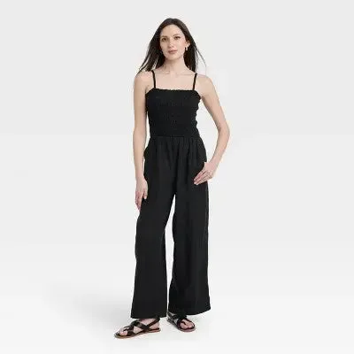 New - Universal Thread Women's Smocked Linen Maxi Jumpsuit Soft Fleece Straight Leg