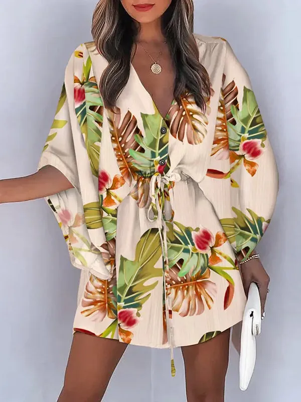 Original Loose Floral Printed Tied Buttoned Mini Shirt Dress