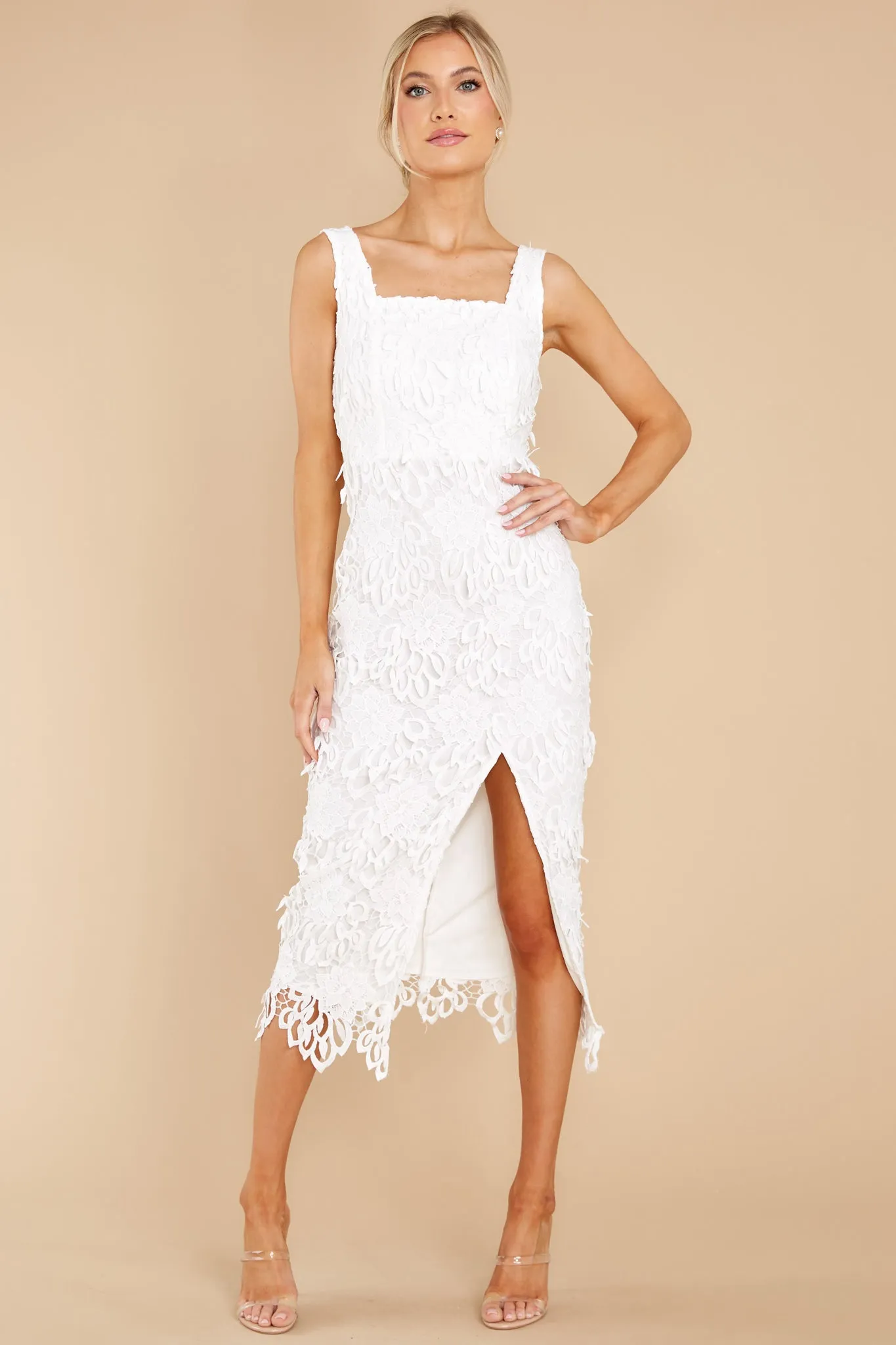 Own The Room White Lace Midi Dress