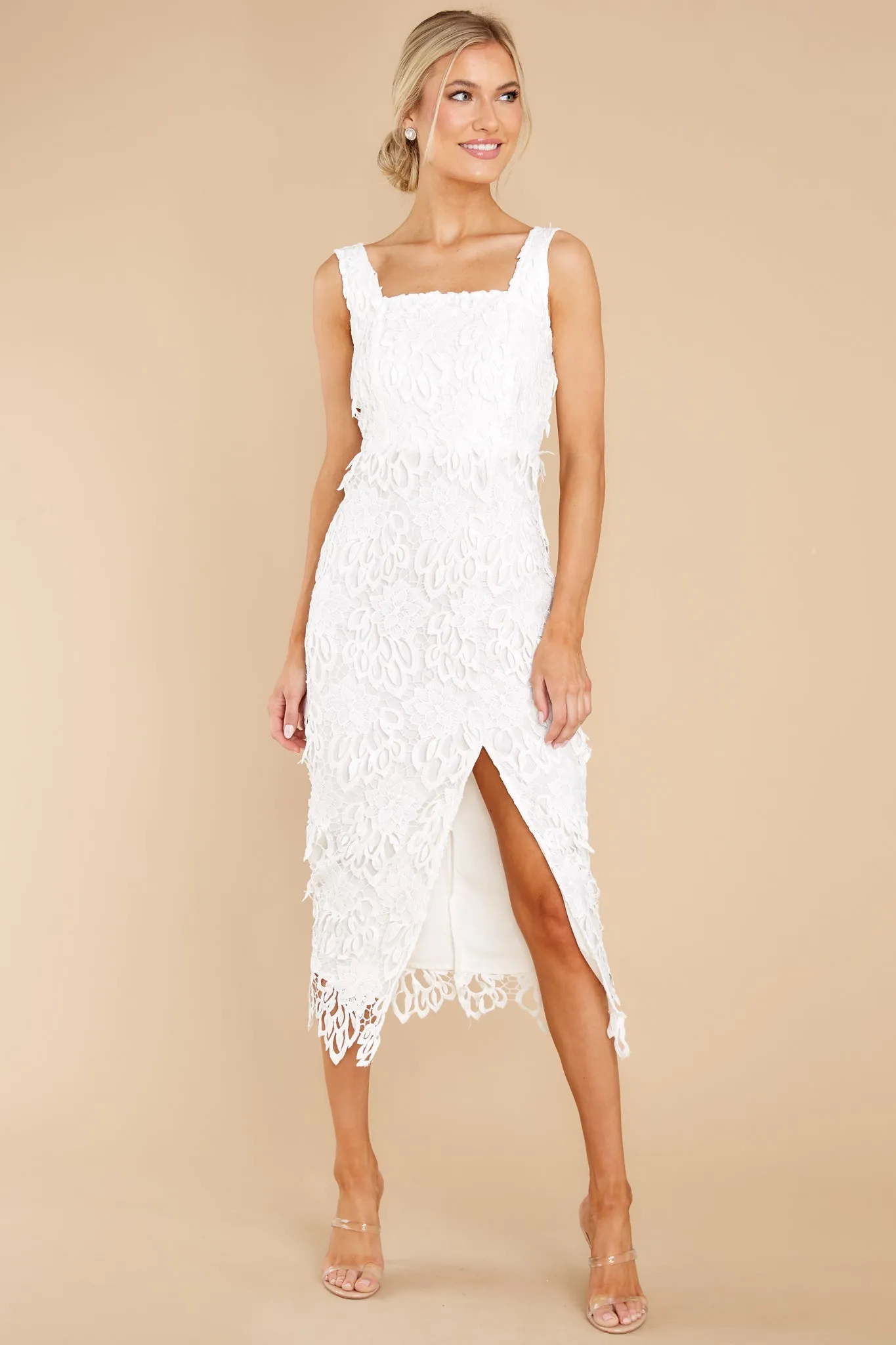 Own The Room White Lace Midi Dress