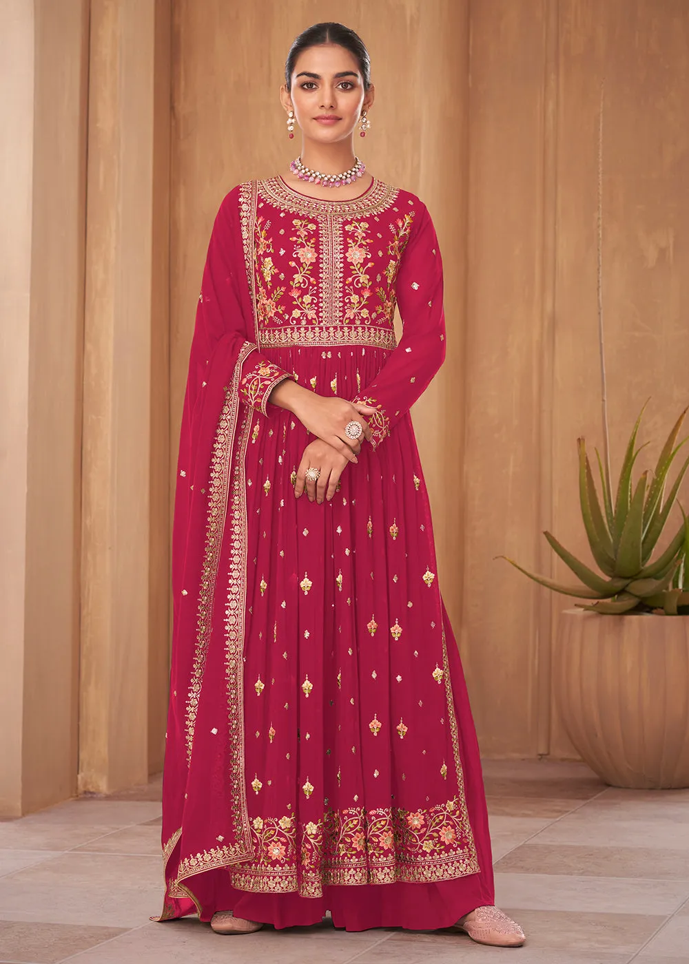 Party Style Hot Pink Georgette Palazzo Salwar Kurta