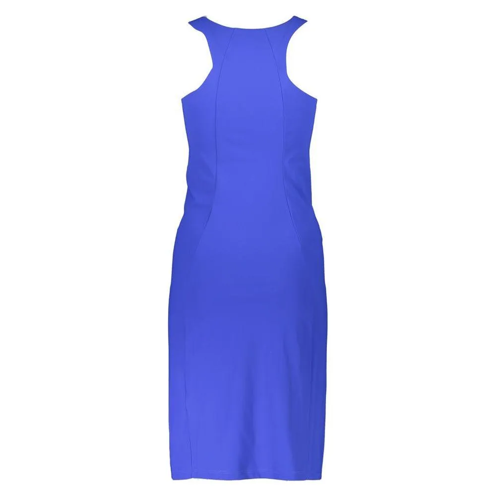 Patrizia Pepe Elegant Blue Crew Neck Dress with Logo Detail