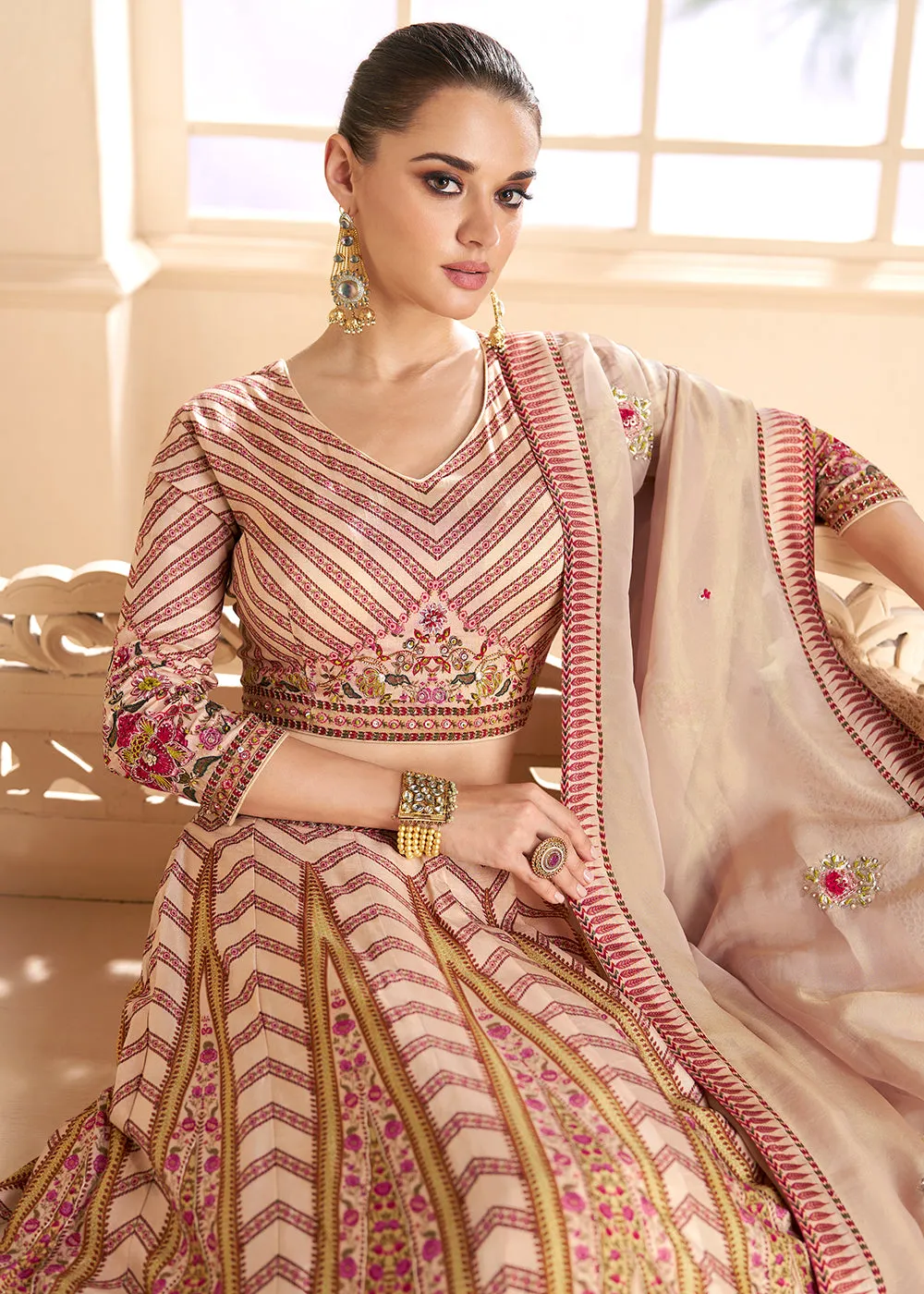 Peachy Beige Silk Embroidered Wedding Lehenga Set