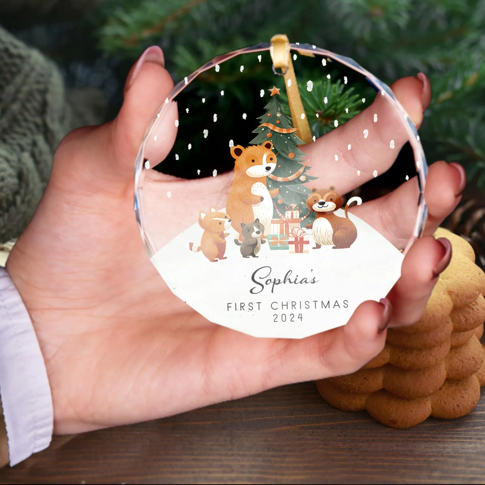 Personalized Baby's First Christmas Glass Ornament, Personalized Woodland Creatures GX06-11