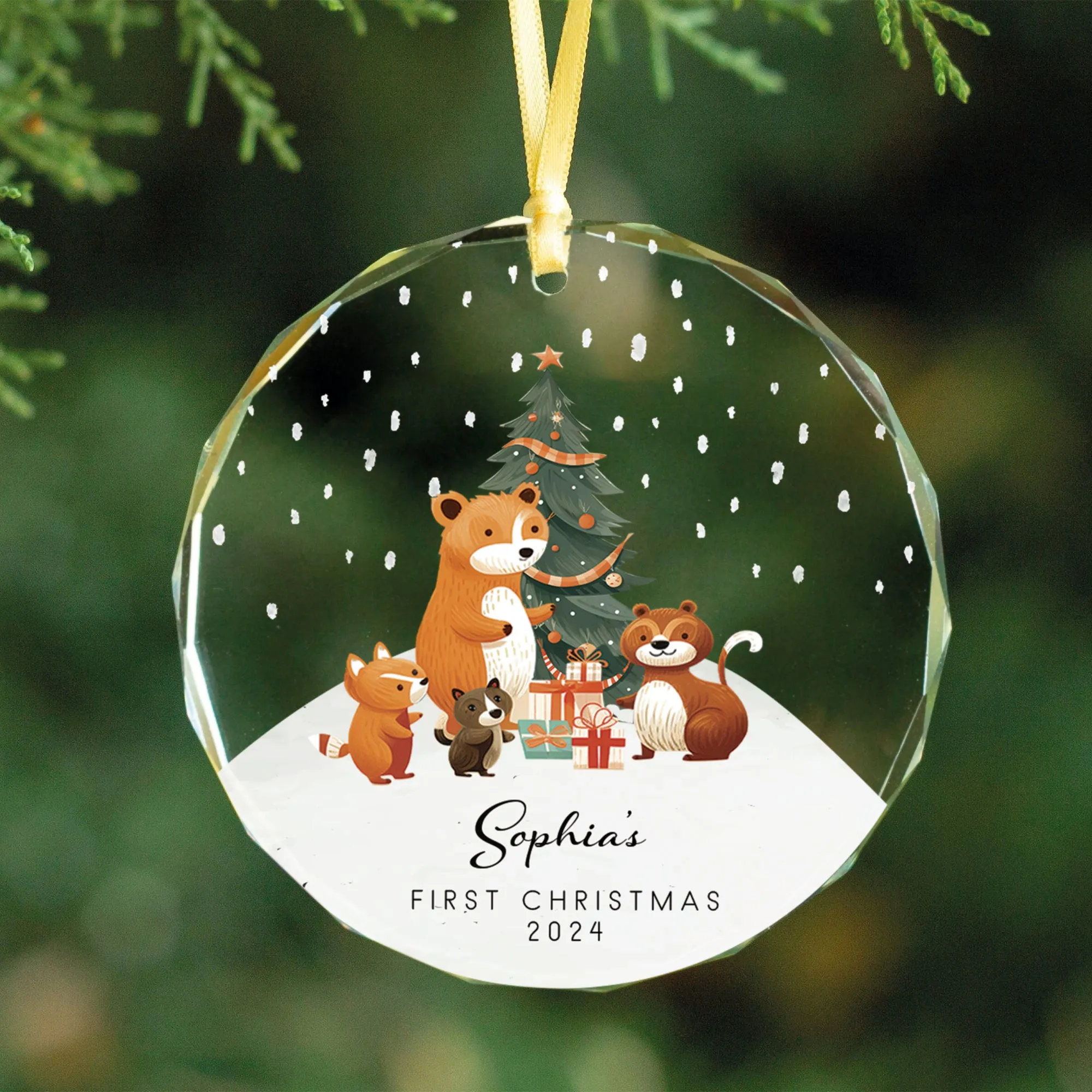 Personalized Baby's First Christmas Glass Ornament, Personalized Woodland Creatures GX06-11