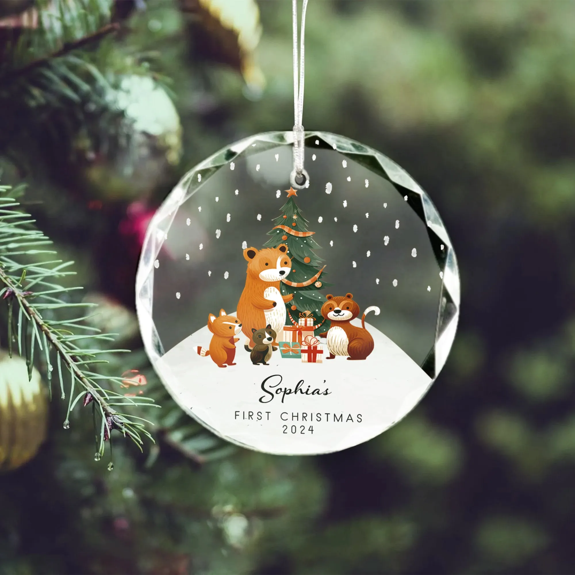 Personalized Baby's First Christmas Glass Ornament, Personalized Woodland Creatures GX06-11