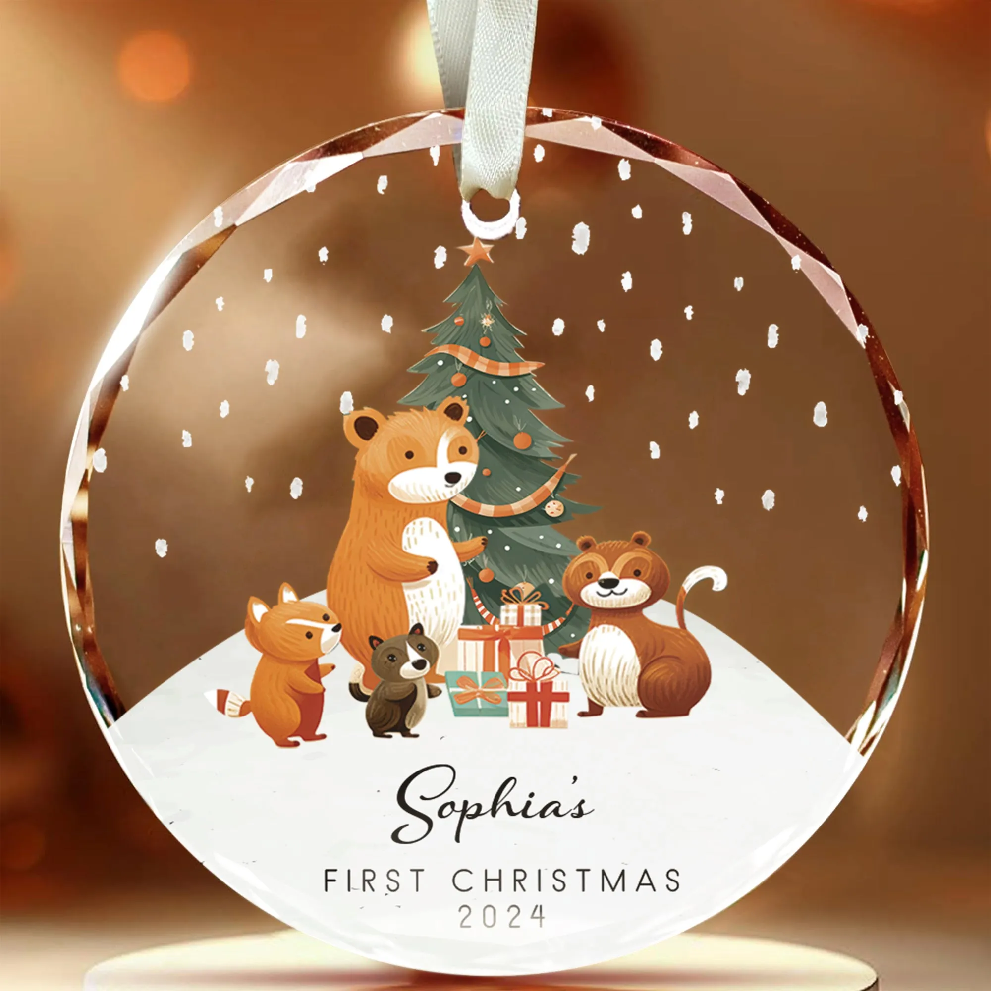 Personalized Baby's First Christmas Glass Ornament, Personalized Woodland Creatures GX06-11