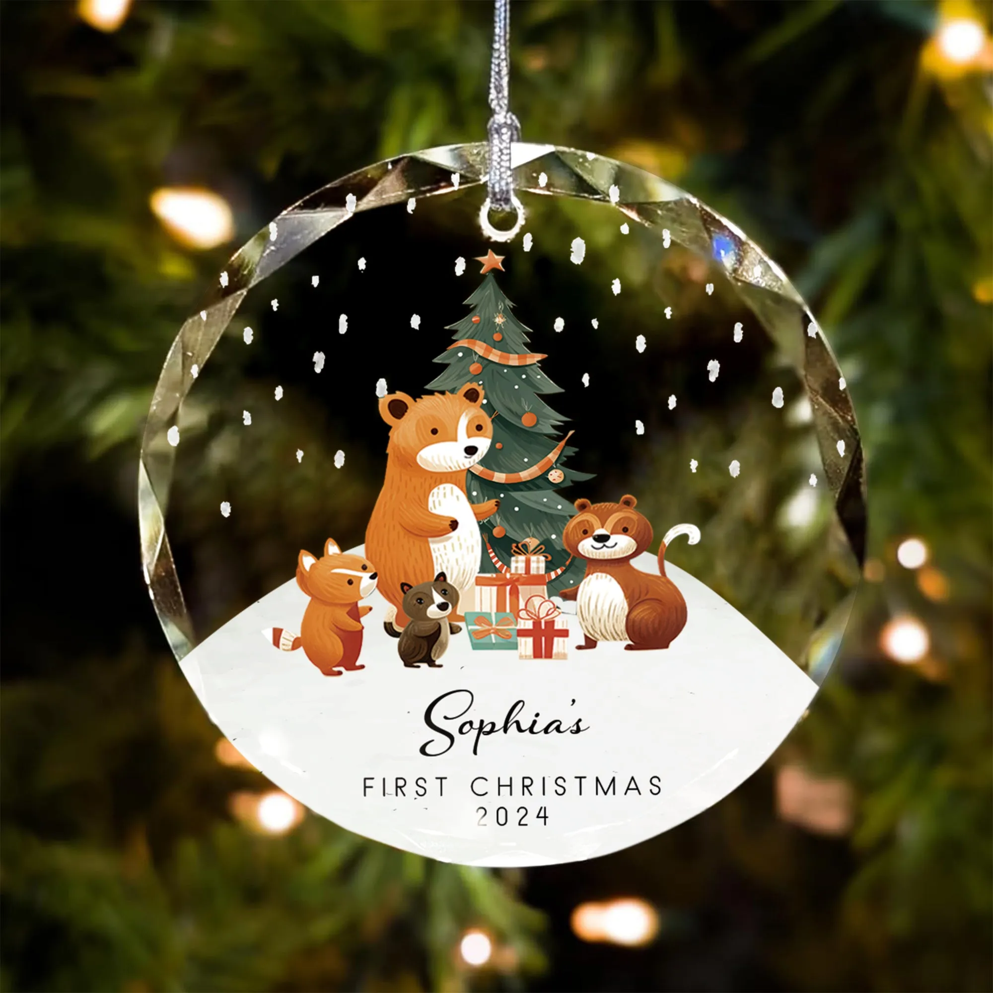 Personalized Baby's First Christmas Glass Ornament, Personalized Woodland Creatures GX06-11