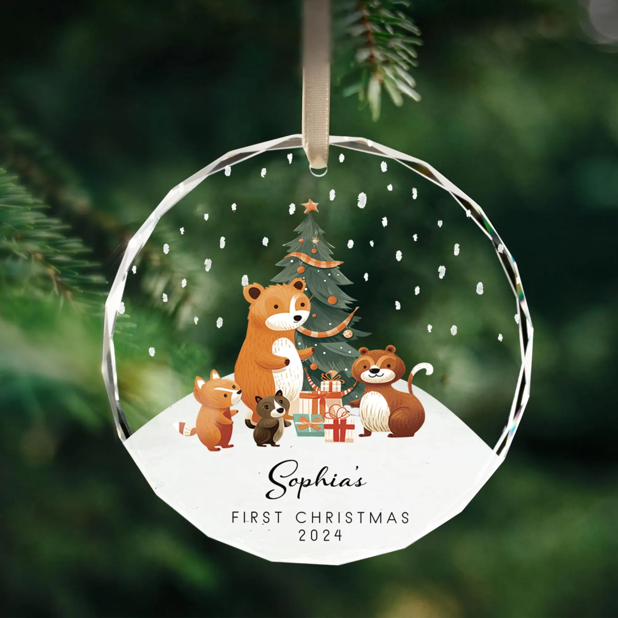 Personalized Baby's First Christmas Glass Ornament, Personalized Woodland Creatures GX06-11