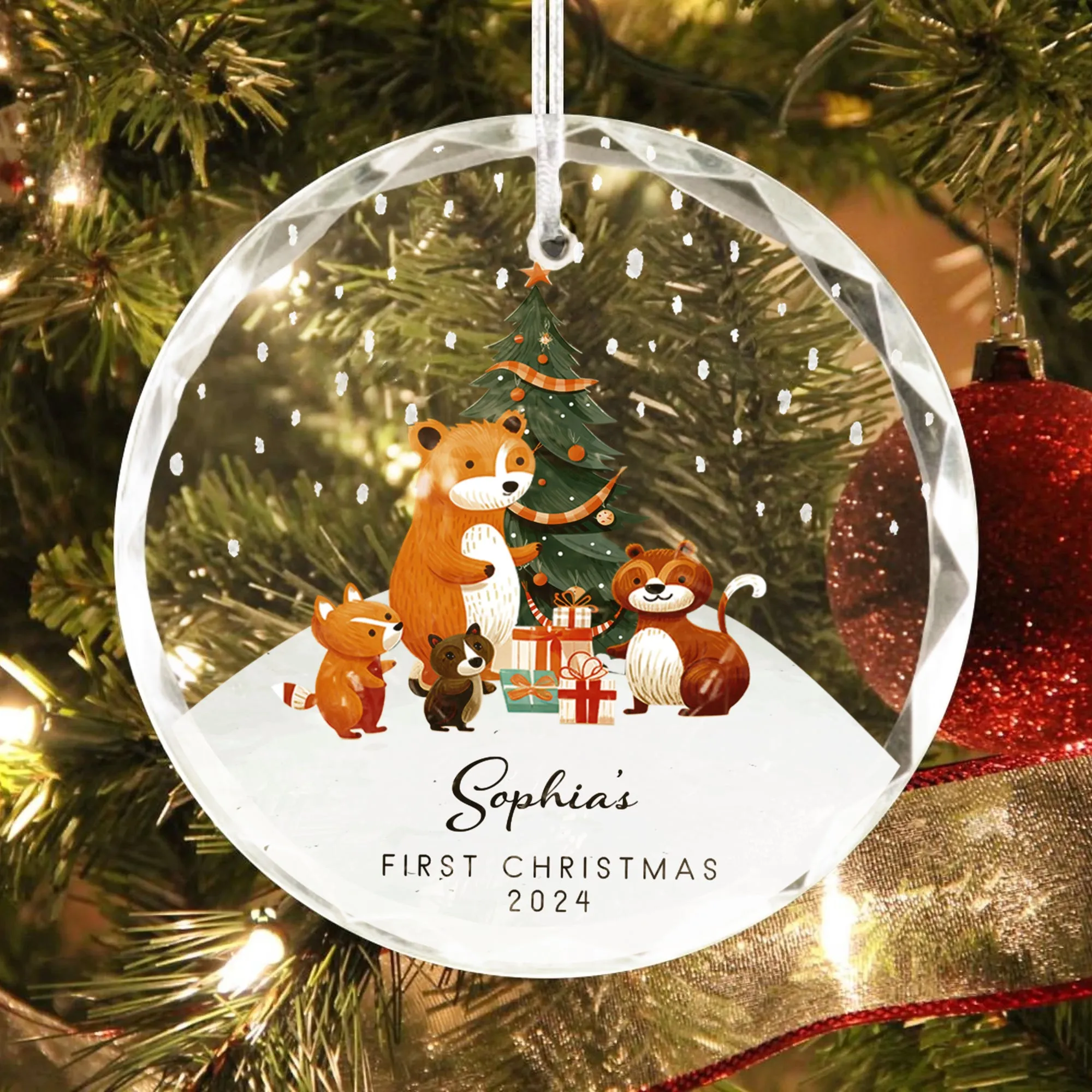 Personalized Baby's First Christmas Glass Ornament, Personalized Woodland Creatures GX06-11