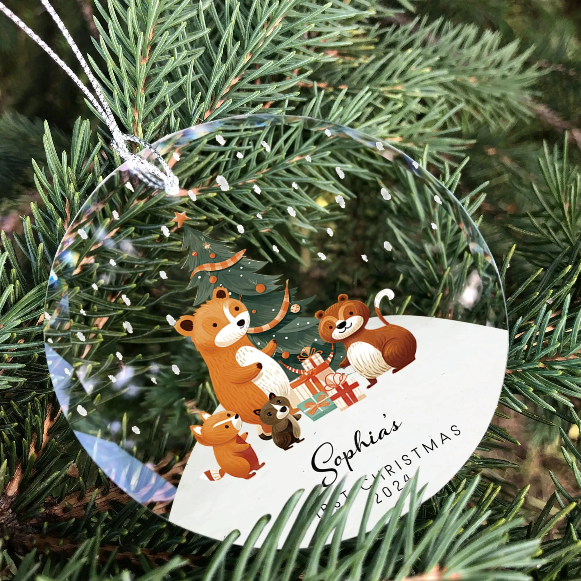 Personalized Baby's First Christmas Glass Ornament, Personalized Woodland Creatures GX06-11