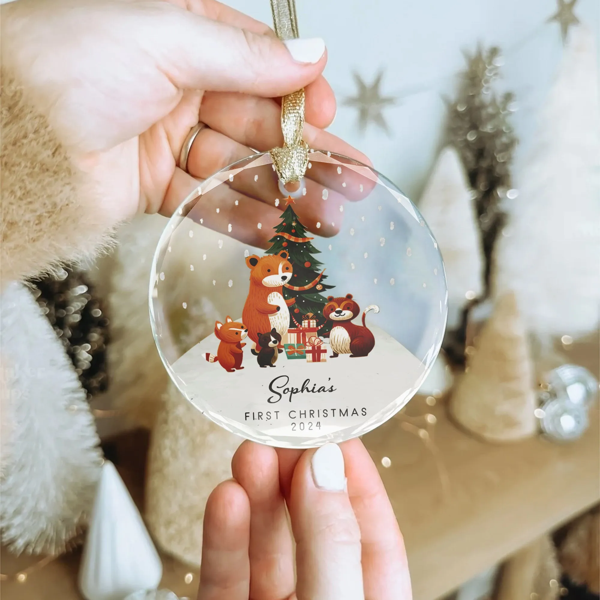 Personalized Baby's First Christmas Glass Ornament, Personalized Woodland Creatures GX06-11