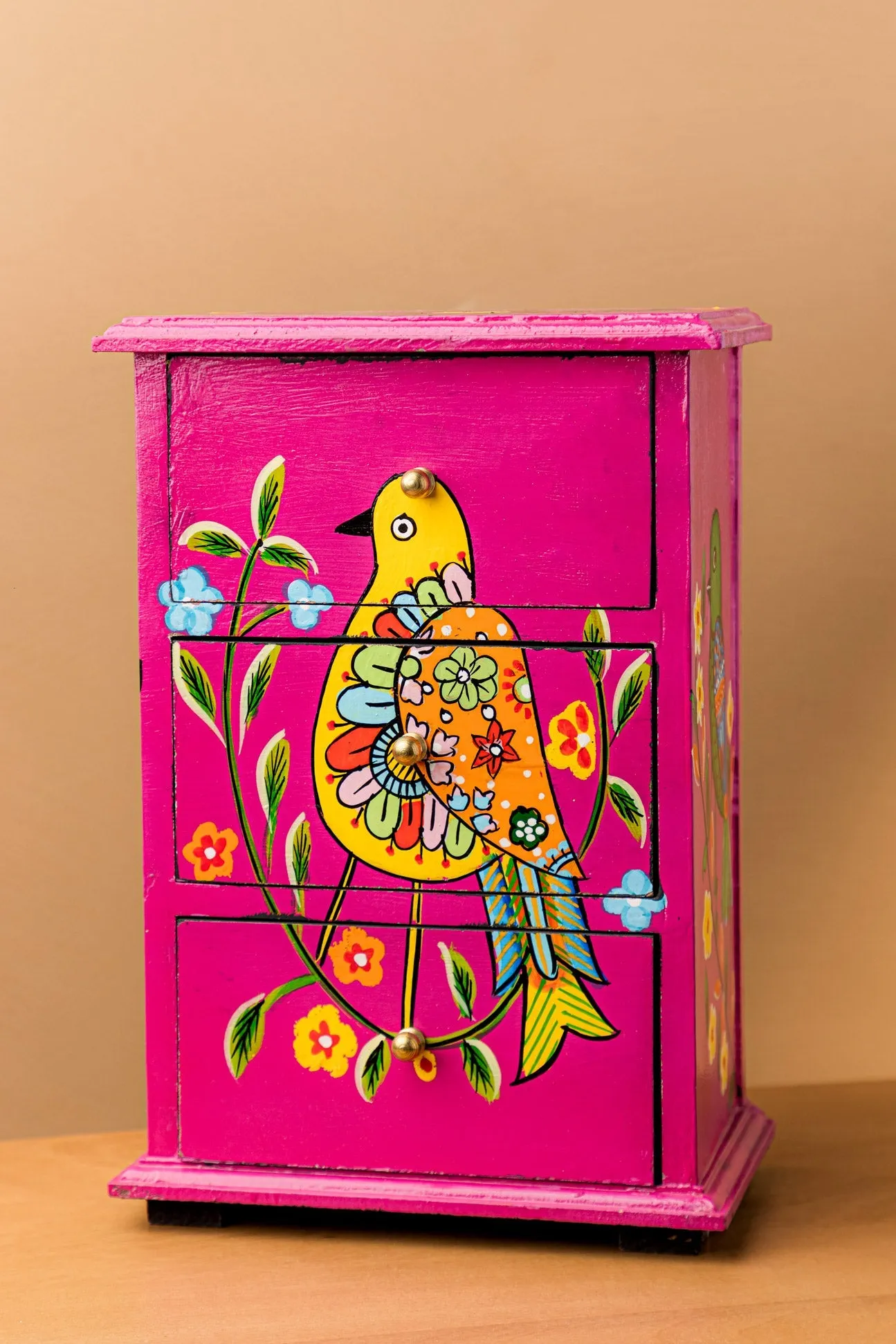 Pink Bird Hand Painted Wooden Chest with 3 Drawers