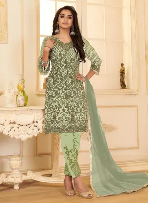 Pistachio Green All Over Embroidered Net Pant Style Suit