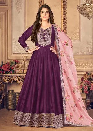 Plum Purple Silk Beautifully Embroidered Floor Length Anarkali