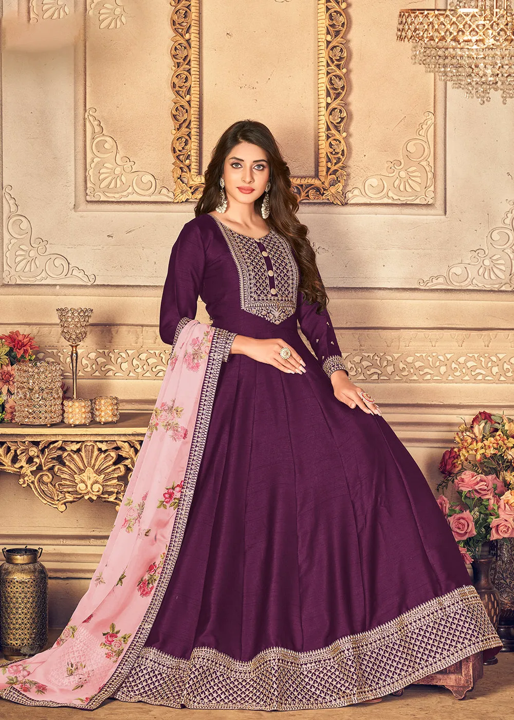 Plum Purple Silk Beautifully Embroidered Floor Length Anarkali