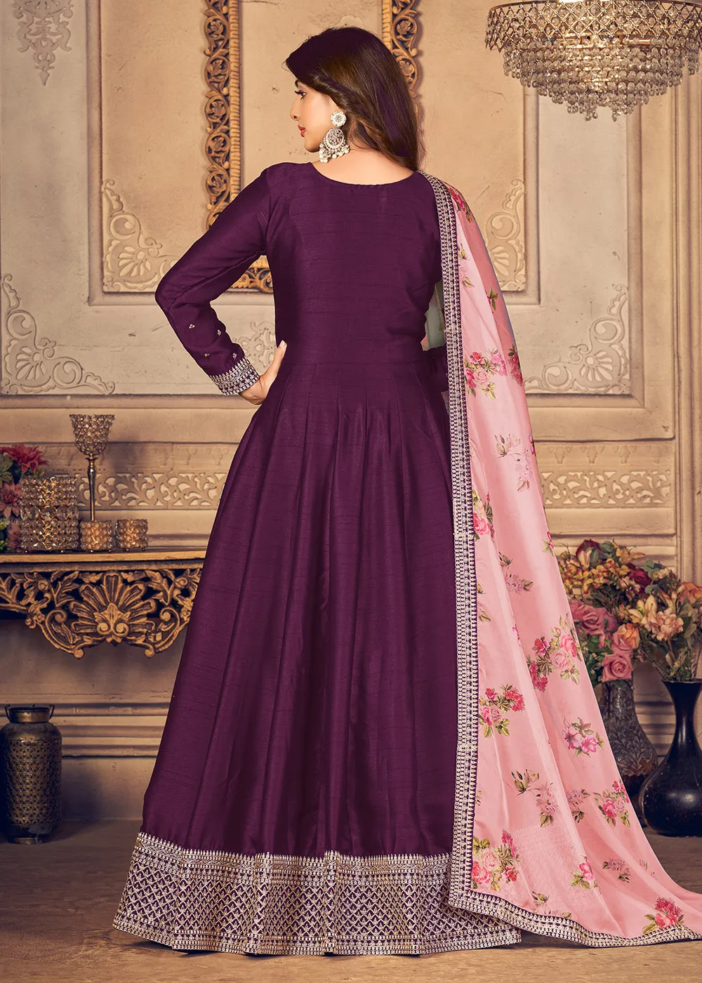 Plum Purple Silk Beautifully Embroidered Floor Length Anarkali