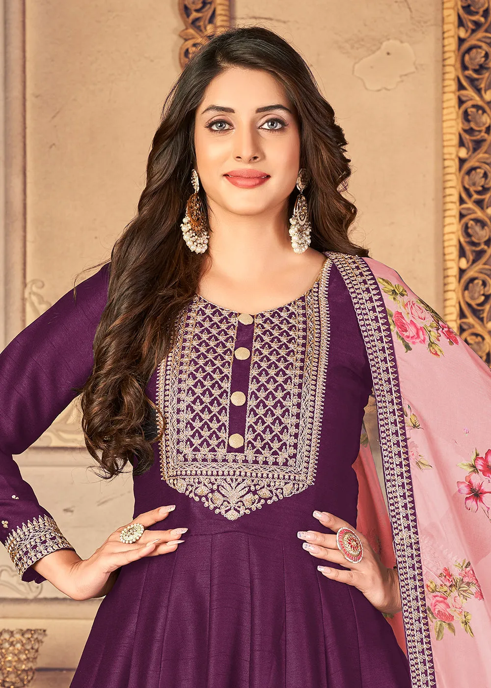 Plum Purple Silk Beautifully Embroidered Floor Length Anarkali