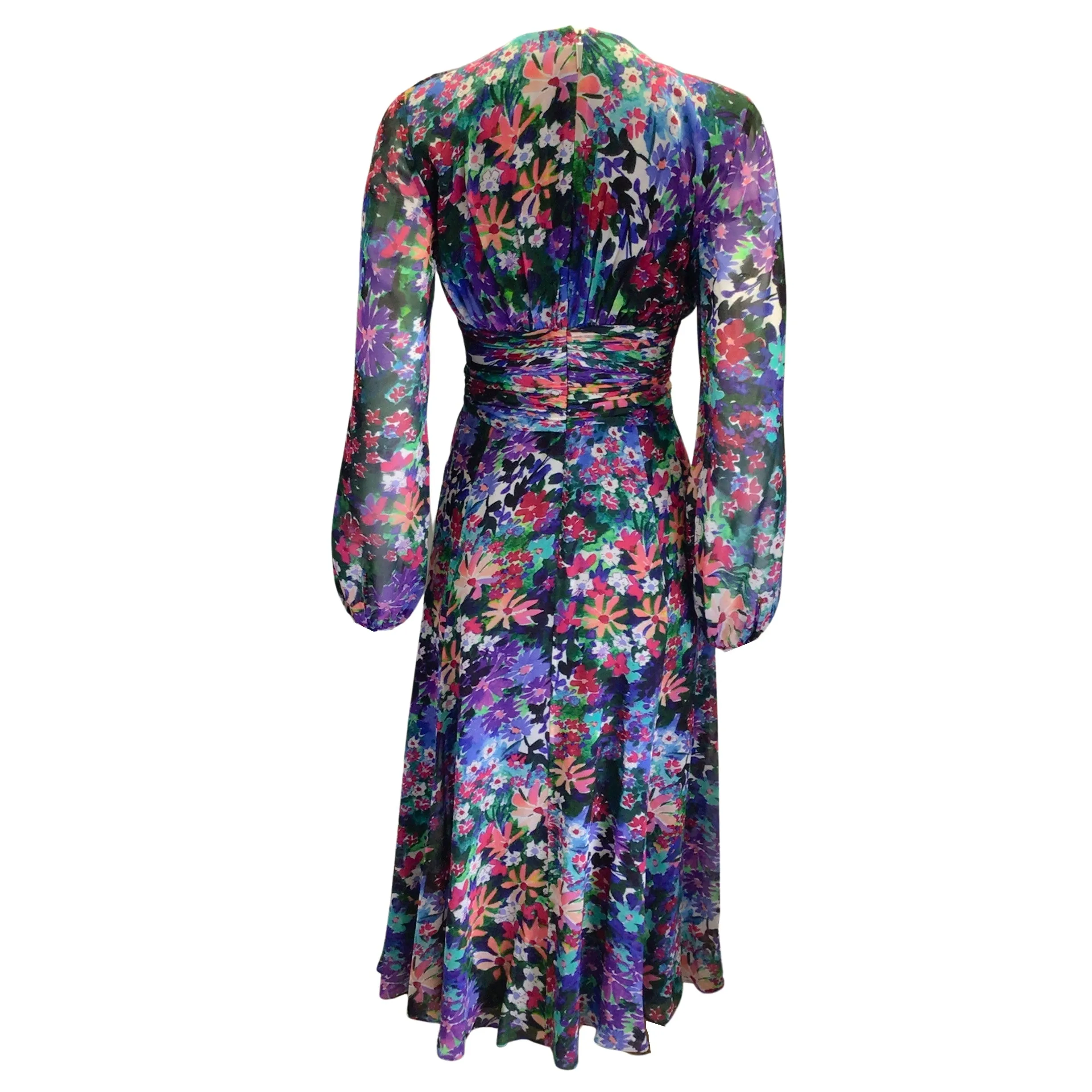 Prabal Gurung Audra Purple Multi Floral Printed Long Sleeved V-Neck Silk Midi Dress