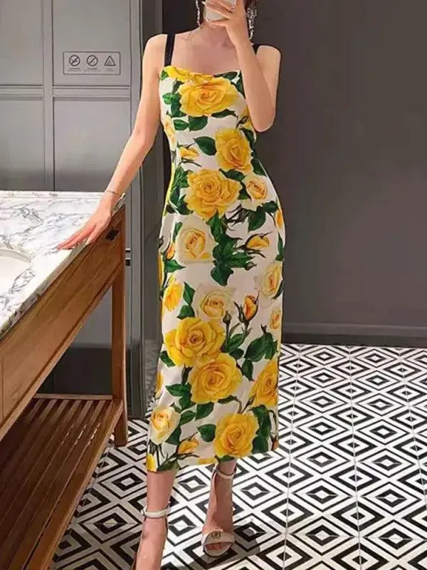 Retro Floral Drop Shoulder Halter Dress