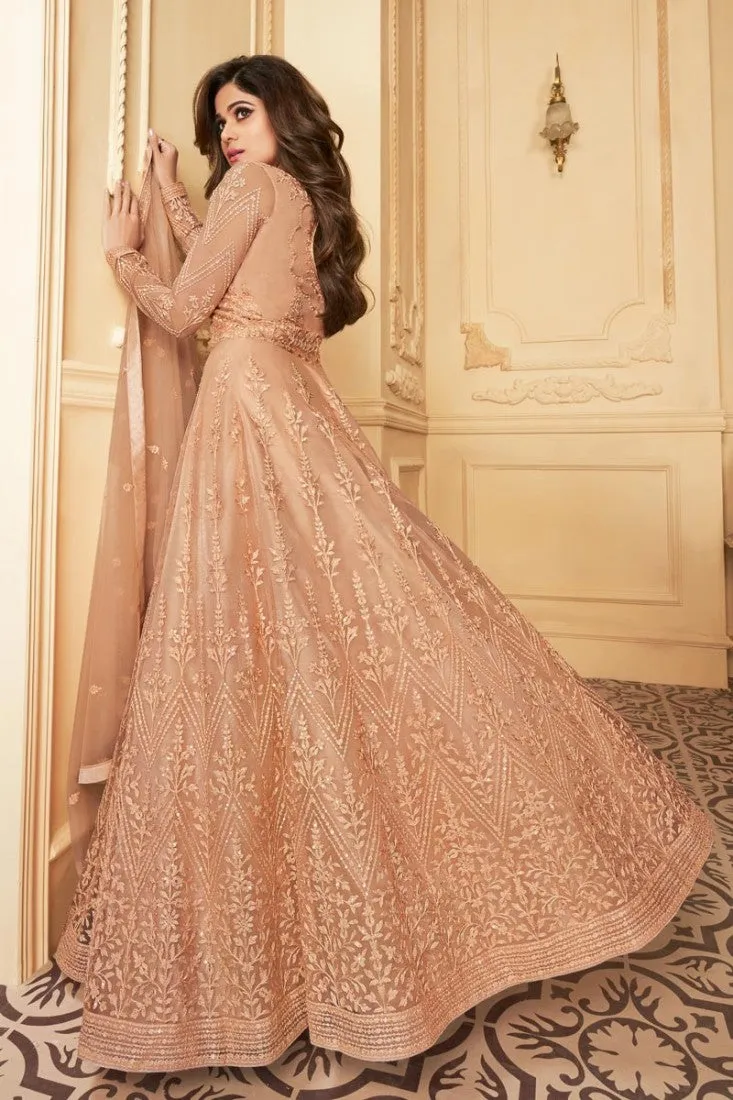 Shamita Shetty Peach Color Net Embroidered Anarkali Suit