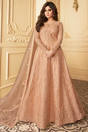 Shamita Shetty Peach Color Net Embroidered Anarkali Suit