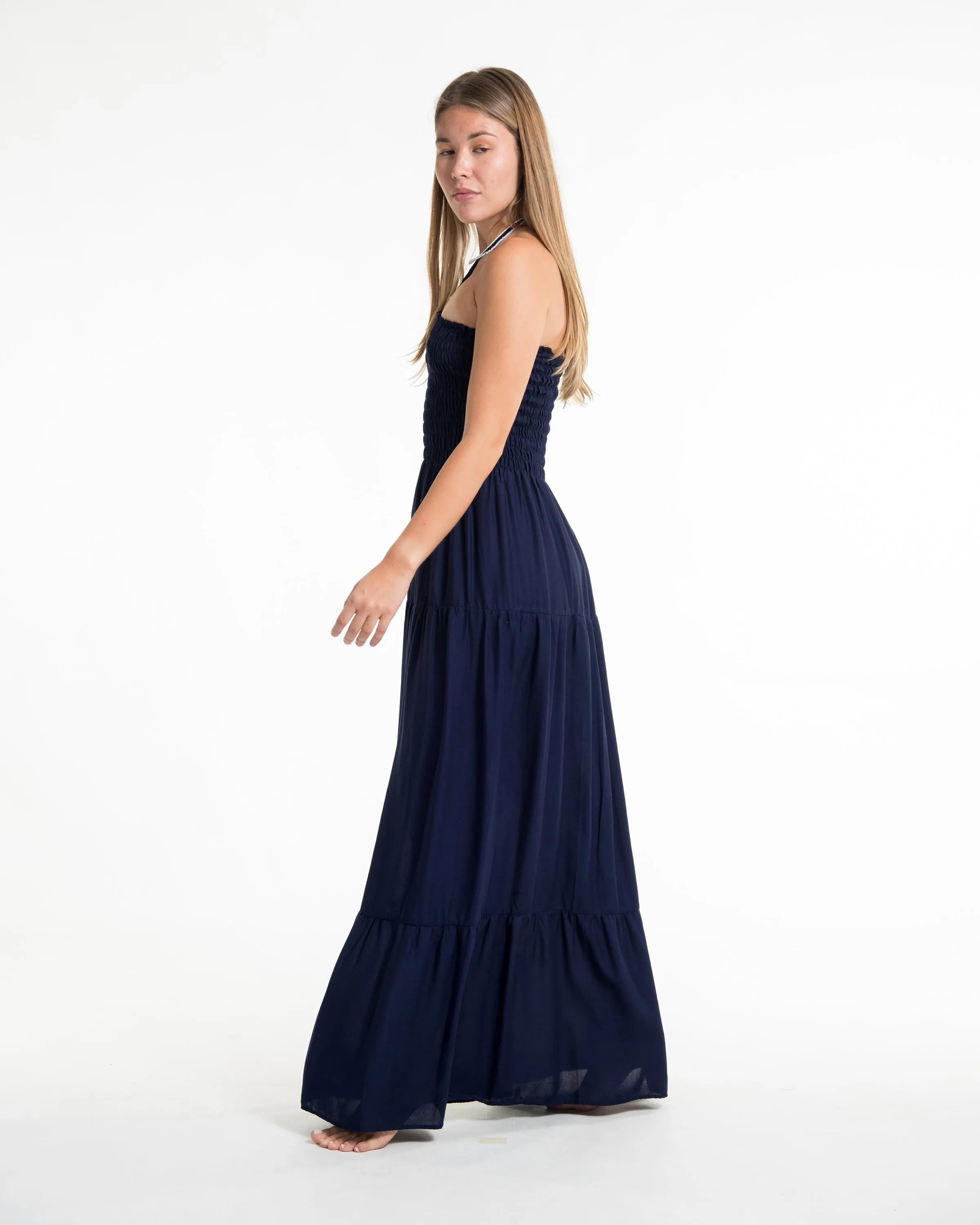 Solid Color Smocked Maxi Dress in Blue