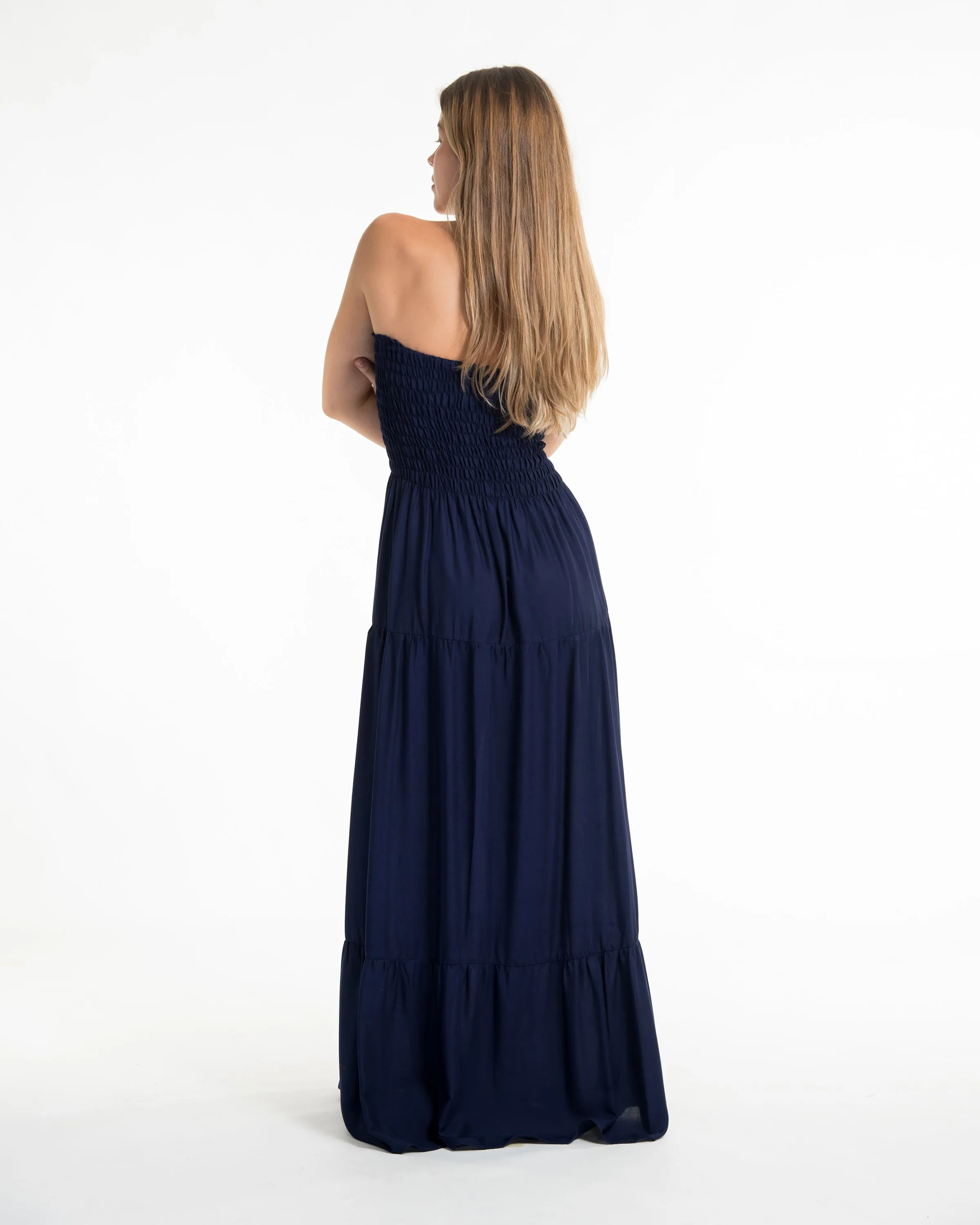 Solid Color Smocked Maxi Dress in Blue