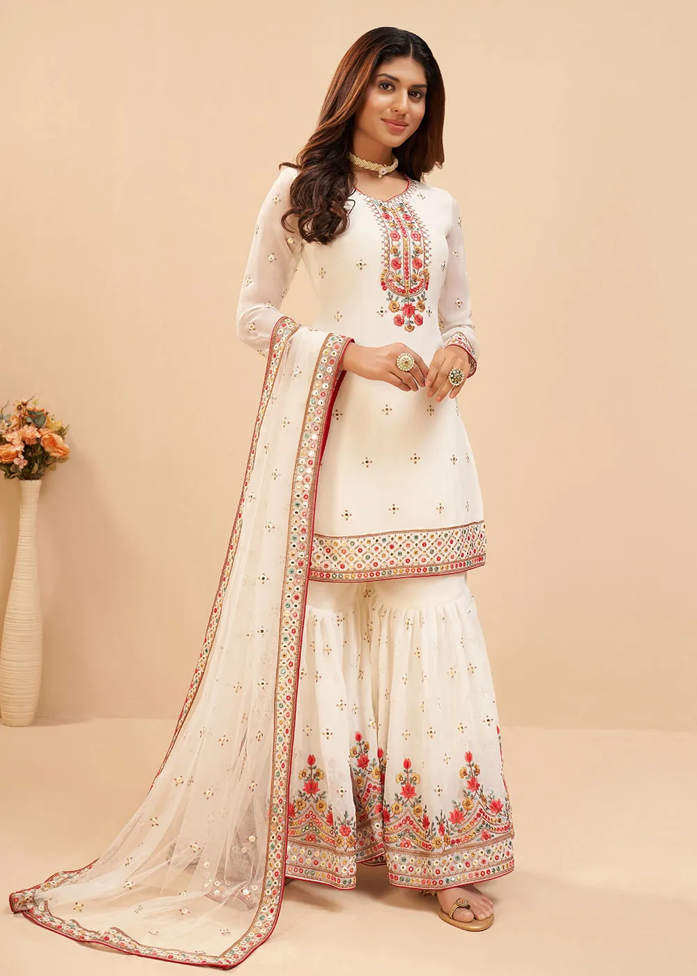 Splendid Off White Wedding Embroidered Sharara Suit