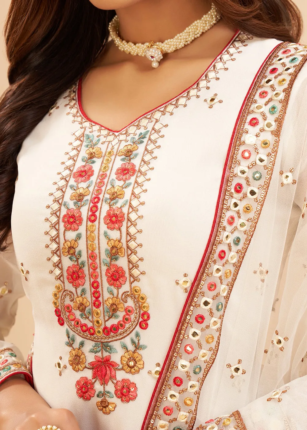 Splendid Off White Wedding Embroidered Sharara Suit