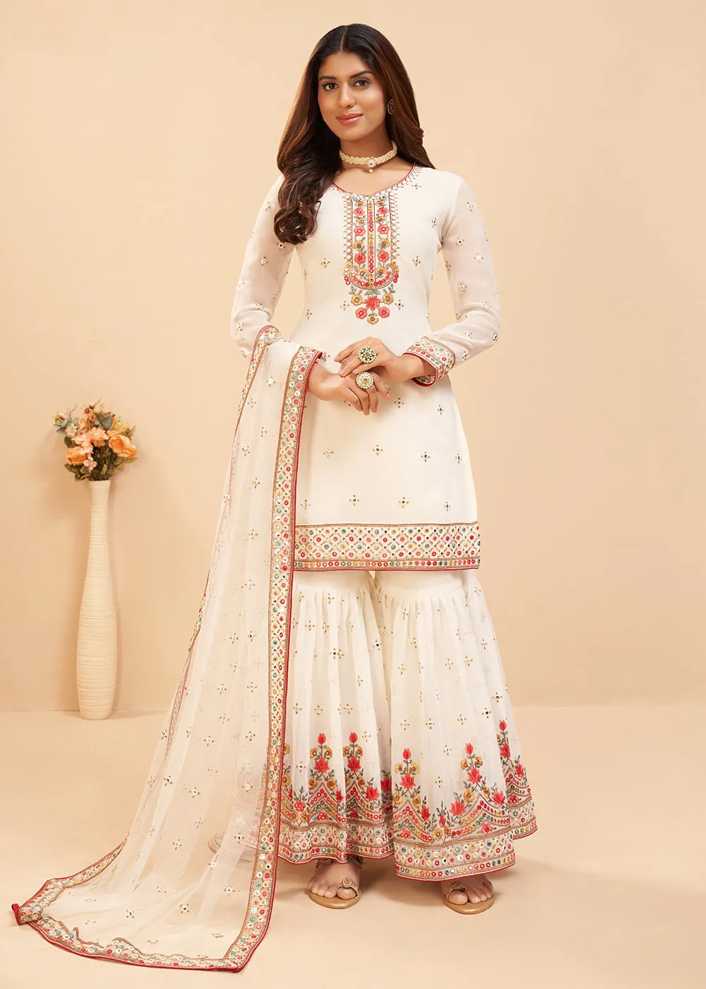 Splendid Off White Wedding Embroidered Sharara Suit